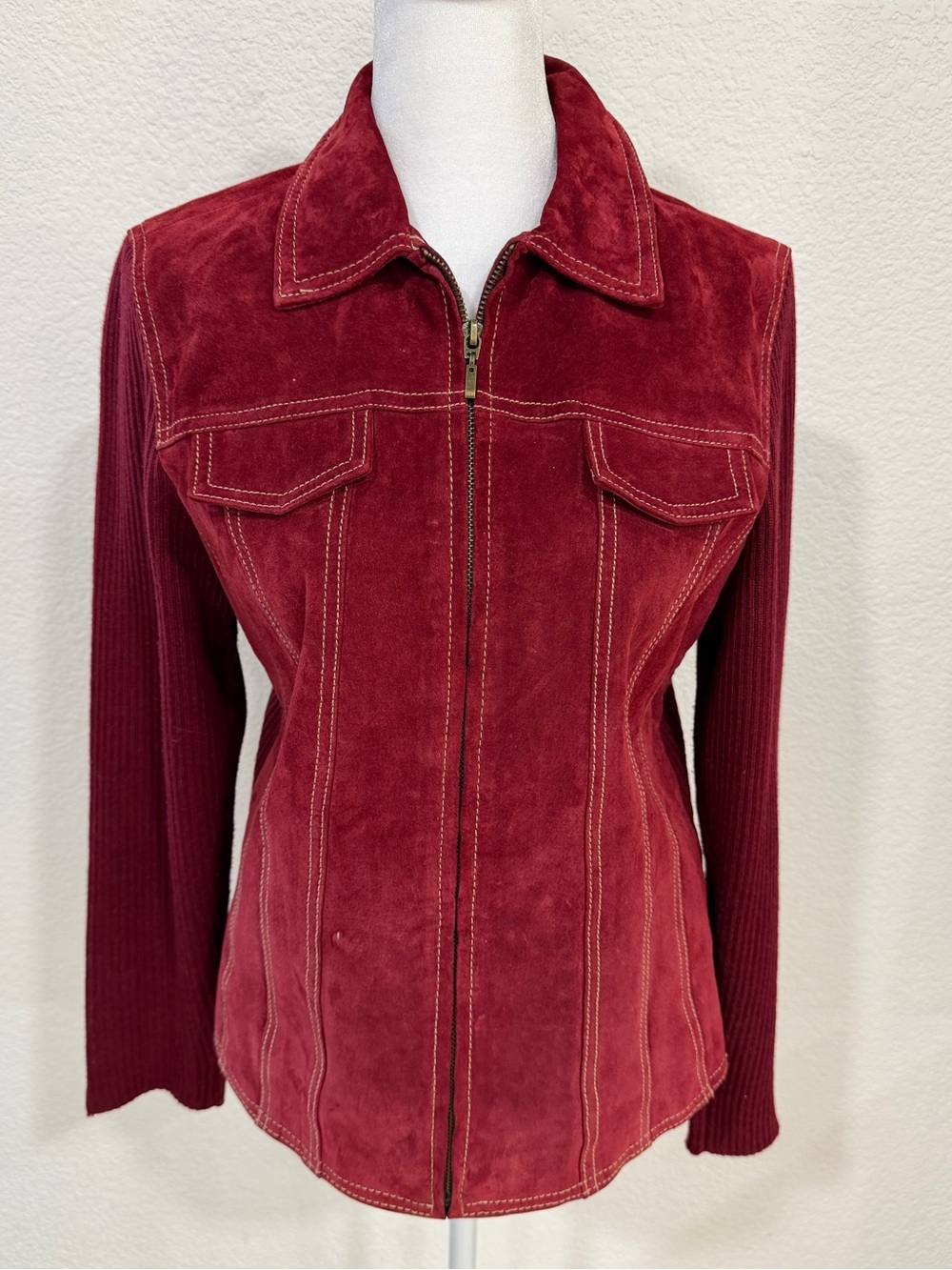 Vintage Y2K Burgundy Suede Leather Jacket M y2k knit western 90s 🍒
